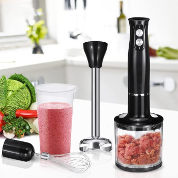 XVersion Hand Blender, Multifunctional 4-In-1 Stick Mixer, 2-Speed, Stainless Steel, Titanium Plated Blade, Includes 700ml Mixing Beaker, 500ml Chopper