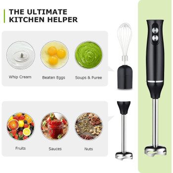 XVersion Hand Blender, Multifunctional 4-In-1 Stick Mixer, 2-Speed, Stainless Steel, Titanium Plated Blade, Includes 700ml Mixing Beaker, 500ml Chopper