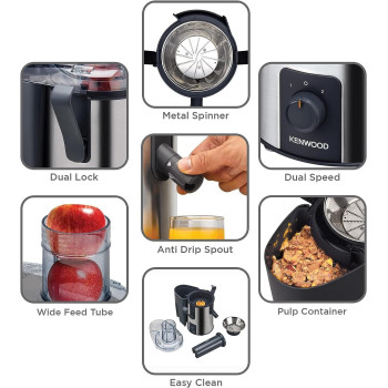 KENWOOD Juicer 700W Stainless Steel Juice Extractor with 75mm Wide Feed Tube, 2 Speed, for Home, Office, Restaurant &Cafeteria JEM50.000BS Silver/Black