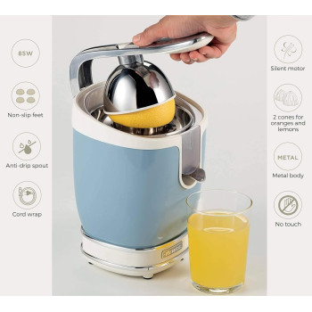 Ariete Vintage Electric Citrus Juicer 600ML, 85W, with Pressure Lever Metal body, 2 Cone Sizes, Non Drip Spout, Silent Motor, for Orange, Lemon and More, Blue - ART413/05