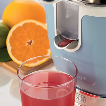Ariete Vintage Electric Citrus Juicer 600ML, 85W, with Pressure Lever Metal body, 2 Cone Sizes, Non Drip Spout, Silent Motor, for Orange, Lemon and More, Blue - ART413/05