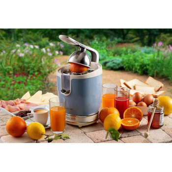 Ariete Vintage Electric Citrus Juicer 600ML, 85W, with Pressure Lever Metal body, 2 Cone Sizes, Non Drip Spout, Silent Motor, for Orange, Lemon and More, Blue - ART413/05