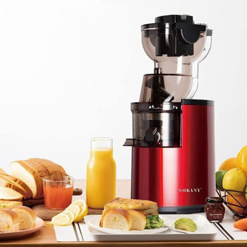 SOKANY SK-25 300W Slow Masticating Juicer, Big 80mm Chute, Juice Jug, Pulp Container, BPA-Free, Easy to Clean, Whole Slow Juicer for Fruits and Vegetables, Red