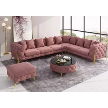 Luxury Traditional Velvet L Shape Chesterfield Sofa Set, Living Room Furniture With Golden Legs