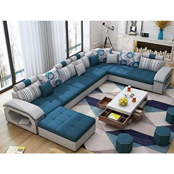 Modern Couch U Shaped Fabric Living Room Furniture Chaise Lounge Recliner Sectional L Shape Corner Sofa Sets (Blue)
