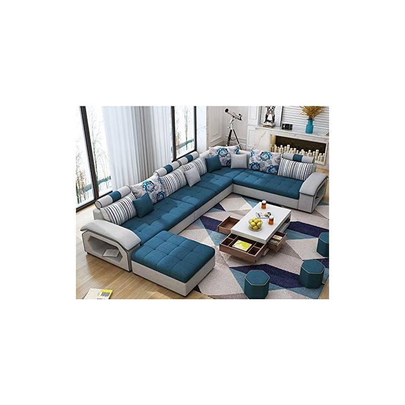 Modern Couch U Shaped Fabric Living Room Furniture Chaise Lounge Recliner Sectional L Shape Corner Sofa Sets (Blue)
