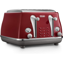 De'Longhi Icona Capitals Red Vintage Style 4 Slice Toaster, 6 Browning Levels, 4 Extra Wide Bread Slots, Defrost and Reheat Functions, Removable Crumb Tray, CTOC4003R
