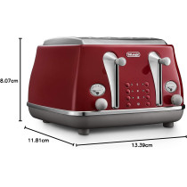 De'Longhi Icona Capitals Red Vintage Style 4 Slice Toaster, 6 Browning Levels, 4 Extra Wide Bread Slots, Defrost and Reheat Functions, Removable Crumb Tray, CTOC4003R