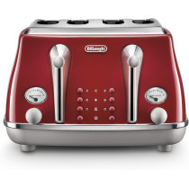 De'Longhi Icona Capitals Red Vintage Style 4 Slice Toaster, 6 Browning Levels, 4 Extra Wide Bread Slots, Defrost and Reheat Functions, Removable Crumb Tray, CTOC4003R
