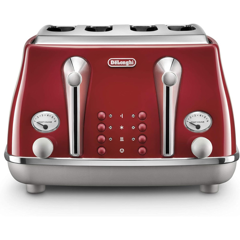 De'Longhi Icona Capitals Red Vintage Style 4 Slice Toaster, 6 Browning Levels, 4 Extra Wide Bread Slots, Defrost and Reheat Functions, Removable Crumb Tray, CTOC4003R