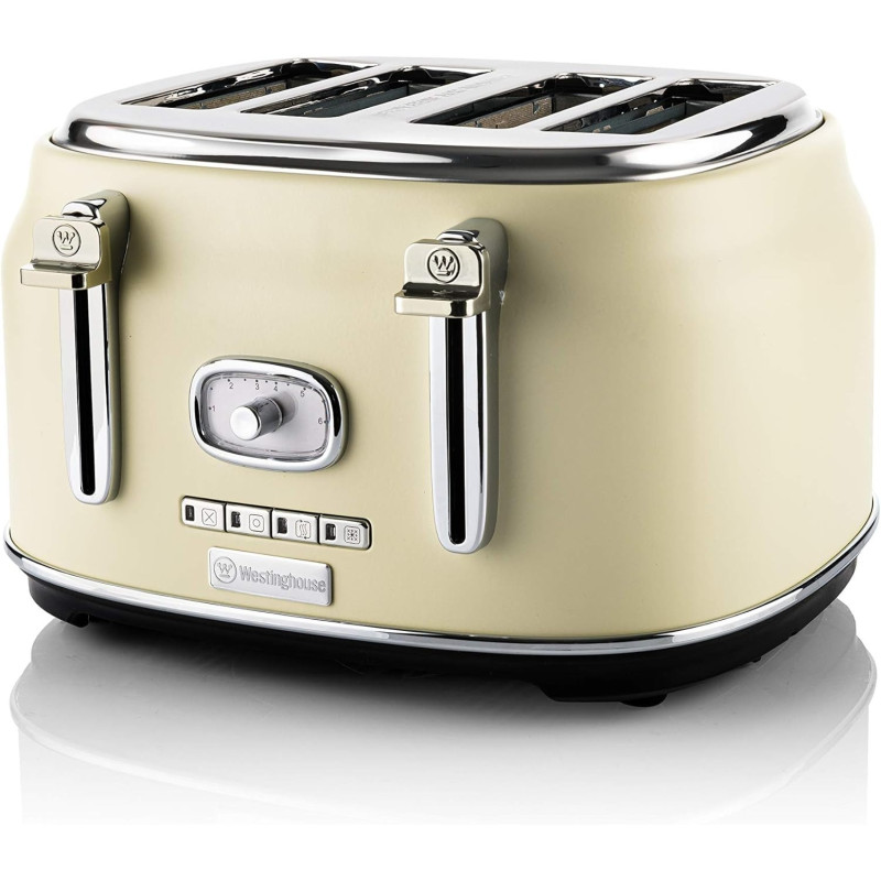 Westinghouse Retro 4-Slice Toaster - Six Adjustable Browning Levels - With Self Centering Function & Crumb Tray - Including Warm Rack For Bread, Bagels, Sandwiches & Croissants - White