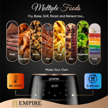 Empire Air Fryer 4.5L with Non-Stick Basket, 1400W High Power Digital Airfryer, 8 Pre-Set Functions, Digital LCD Smart Touch Screen Air Fryer Oven for Kitchen