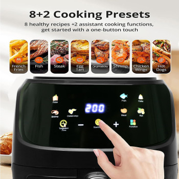 Air Fryer, 8 Cooking Presets, Large Easy-View Window, 1800W 360 Hot Oilless Oven Cooker, with LED Digital Touchscreen, Nonstick Air frier Cookers, Easy to Clean, Black
