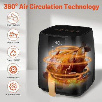 Xoopla Air Fryer, Smart Air Fryer 1500W Powerful Electric Air Fryers 360 Hot Air Convection Technology Quick, Meals, Technology, 5 Preset & High Auto Shut off