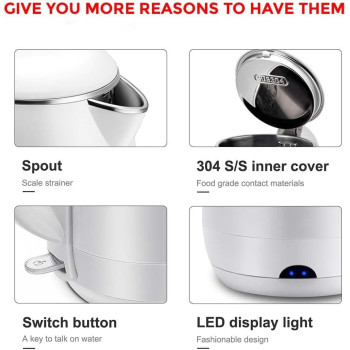 Electric Kettle, Stainless Steel, Cordless Kettle, 1800W Power, 1.8L, Safety Empty Shut off Electric Kettle, White Color Kettle - EK0001