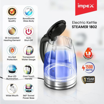 Impex STEAMER 1802 1500W 1.8 Litres Stainless Steel Electric Kettle with 360 Degree rotating base stainless steel Concealed Heating Element, 2 Years Warranty