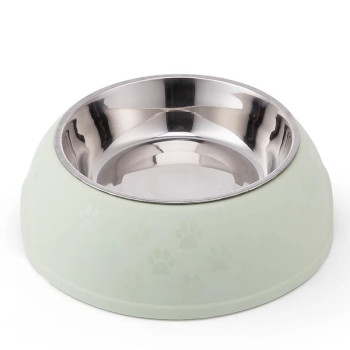 Paw Print Single Dining Pet Feedrer With Stainless Steel Bowl & Non Slip Rubber Bottom-Green -29.5*10Cm - Petsclub