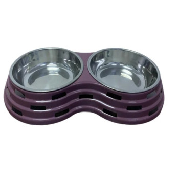 Double Dining Pet Feedrer With Stainless Steel Bowl & Non Slip Rubber Bottom-Purple -33.5*18*6Cm - Petsclub