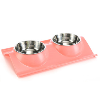Double Dining Pet Feedrer With Stainless Steel Bowl & Non Slip Rubber Bottom -38*25*7.5Cm - Petsclub