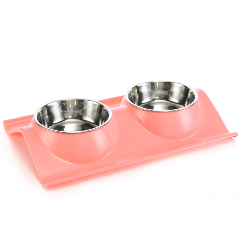 Double Dining Pet Feedrer With Stainless Steel Bowl & Non Slip Rubber Bottom -38*25*7.5Cm - Petsclub