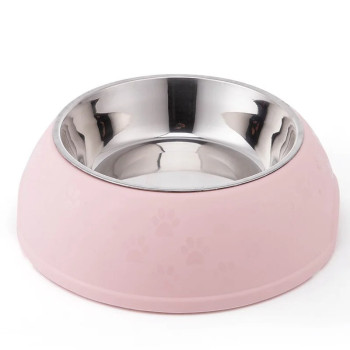 Paw Print Single Dining Pet Feedrer With Stainless Steel Bowl & Non Slip Rubber Bottom-Pink -29.5*10Cm - Petsclub