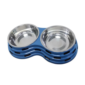 Double Dining Pet Feedrer With Stainless Steel Bowl & Non Slip Rubber Bottom Blue -33.5*18*6Cm - Petsclub