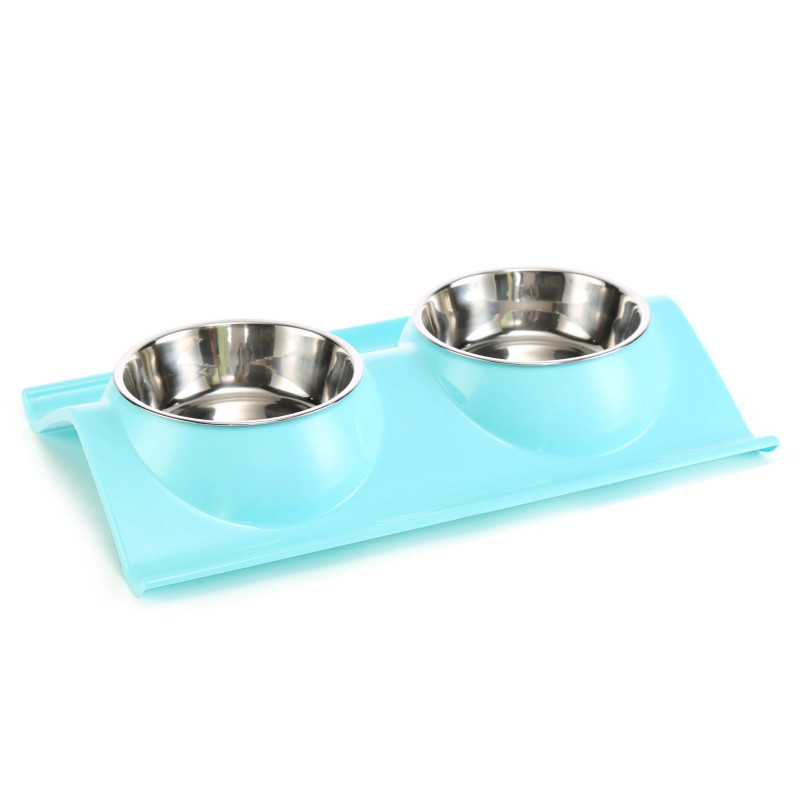 Double Dining Pet Feedrer With Stainless Steel Bowl & Non Slip Rubber Bottom-Blue -38*25*7.5Cm - Petsclub