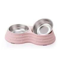 Double Dining Pet Feedrer With Stainless Steel Bowl & Non Slip Rubber Bottom-Pink -41.5*22*7Cm - Petsclub
