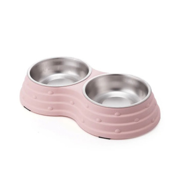 Double Dining Pet Feedrer With Stainless Steel Bowl & Non Slip Rubber Bottom-Pink -41.5*22*7Cm - Petsclub