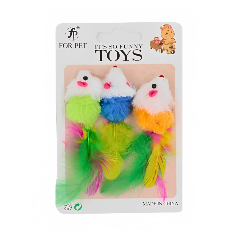 For Pet Soft False Wool Mouse Cat Toy With Colorful Feather 3 Pcs - 5 Cm (Mixed Color)