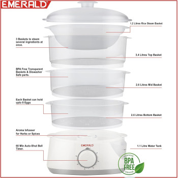 Emerald 900Watts 10 Litres Capacity, 3 Tiers/Levels Food Steamer Ea7403Fs.