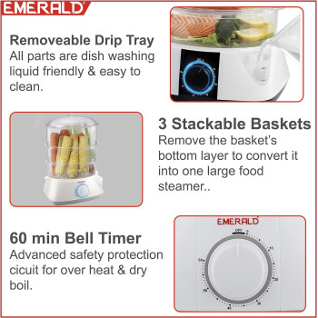 Emerald 900Watts 10 Litres Capacity, 3 Tiers/Levels Food Steamer Ea7403Fs.