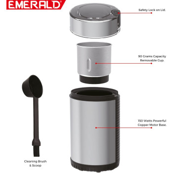 Emerald Coffee & Spices Grinder With Stainless Steel Body & Detachable Cup, 90 Grams Capacity, 150Watts, Ek792Cg.