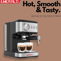 Emerald - Brush Stainless Steel Automatic Coffee Machine, Espresso And Cappuccino Maker. 20 Bar, 1.5 Litre Water Tank, Frothing Function, Removable Drip Tray.