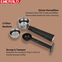 Emerald - Brush Stainless Steel Automatic Coffee Machine, Espresso And Cappuccino Maker. 20 Bar, 1.5 Litre Water Tank, Frothing Function, Removable Drip Tray.