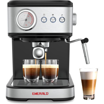 Emerald - Brush Stainless Steel Automatic Coffee Machine, Espresso And Cappuccino Maker. 20 Bar, 1.5 Litre Water Tank, Frothing Function, Removable Drip Tray.