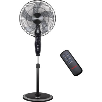 Emerald 16" Inch Fins Stand Fan With Remote Control, 90 Degrees Wide Oscillation, 5 Abs Blades, Powerful Gs Standard Motor. (Black & Silver)