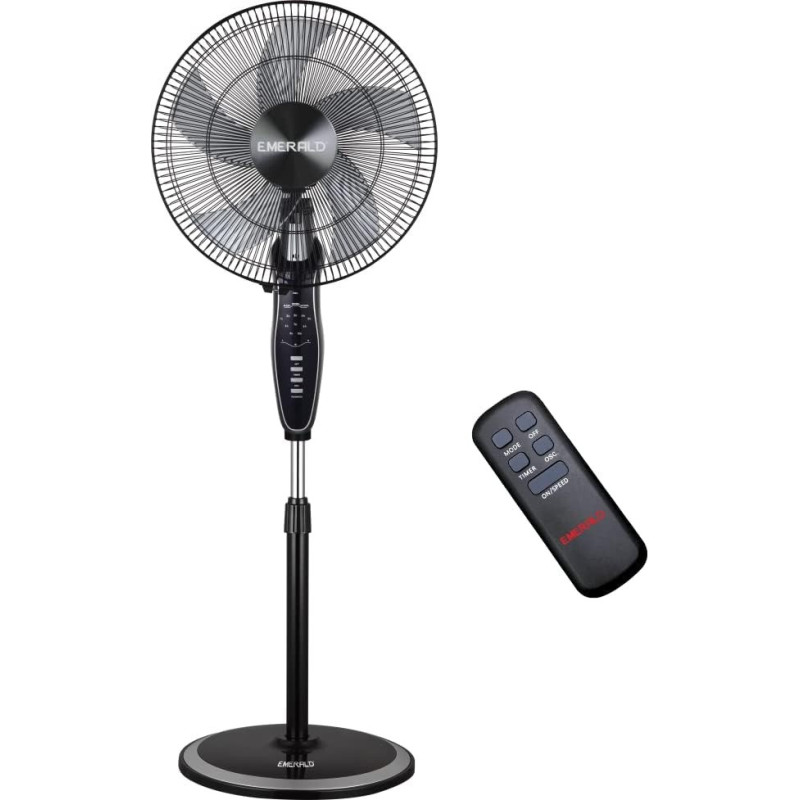 Emerald 16" Inch Fins Stand Fan With Remote Control, 90 Degrees Wide Oscillation, 5 Abs Blades, Powerful Gs Standard Motor. (Black & Silver)