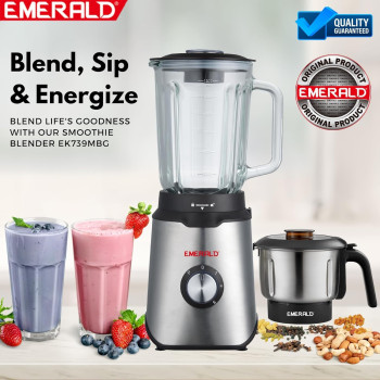 Emerald Masterblender Duo 1.5 Litre Glass Blender & 250 Gms Stainless Steel Dry Grinder, 800 Watts, Ek739Mbg.