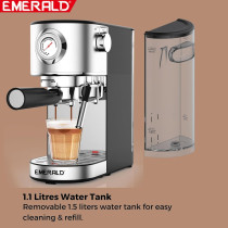 Emerald - Brush Stainless Steel Automatic Coffee Machine, Espresso And Cappuccino Maker. 20 Bar, 1.1 Litre Water Tank, Frothing Function, Removable Drip...