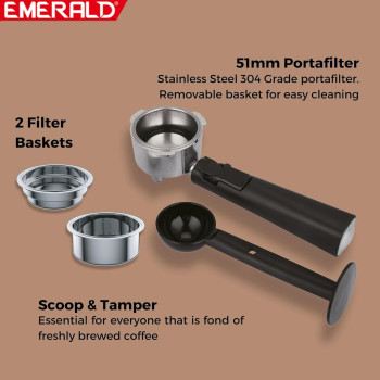 Emerald - Brush Stainless Steel Automatic Coffee Machine, Espresso And Cappuccino Maker. 20 Bar, 1.1 Litre Water Tank, Frothing Function, Removable Drip...