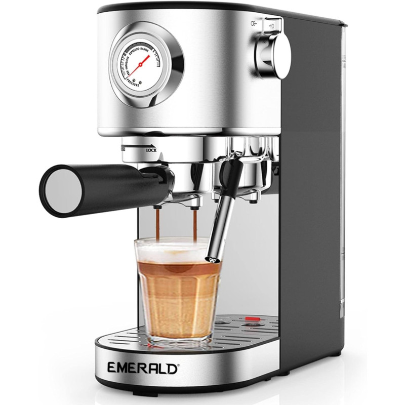 Emerald - Brush Stainless Steel Automatic Coffee Machine, Espresso And Cappuccino Maker. 20 Bar, 1.1 Litre Water Tank, Frothing Function, Removable Drip...