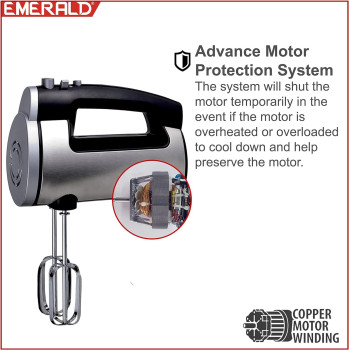 Emerald Hand Mixer 300Watts, 6 Speed, Pulse Button, Beater & Dough Hooks Included.