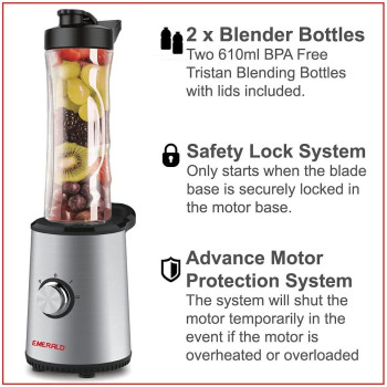 Emerald 350 Watts Smoothie Blender With 2X610Ml Bpa Free Portable Bottles.