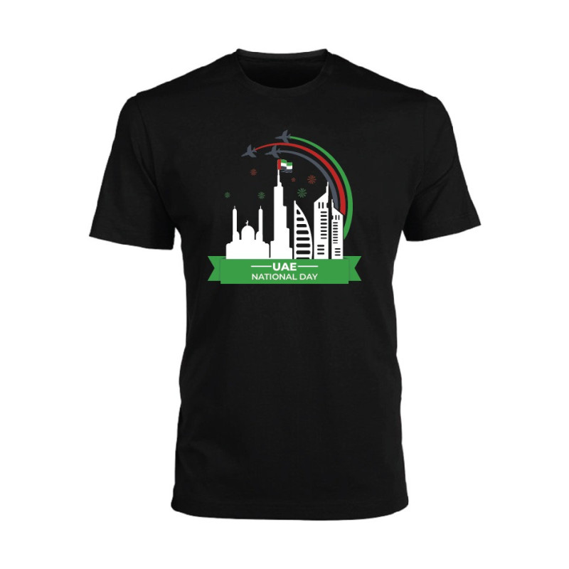 Al Amal Uae ND T-shirt (Mosque,Flag,Aircraft,Burj) Round Neck Cotton Fabric Friendly to skin,Unisex Adult Black
