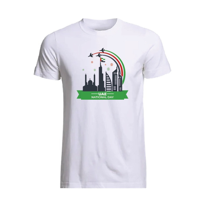 Al Amal Uae ND T-shirt (Mosque,Flag,Aircraft,Burj) Round Neck Cotton Fabric Friendly to skin,Unisex Adult White