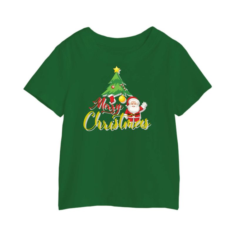Al Amal Merry christmas T-shirt with santa& tree Round Neck Cotton Fabric Friendly to skin,Unisex kids Green