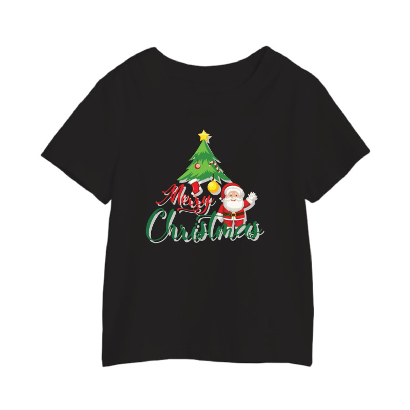 Al Amal Merry christmas T-shirt with santa& tree Round Neck Cotton Fabric Friendly to skin,Unisex adult Black