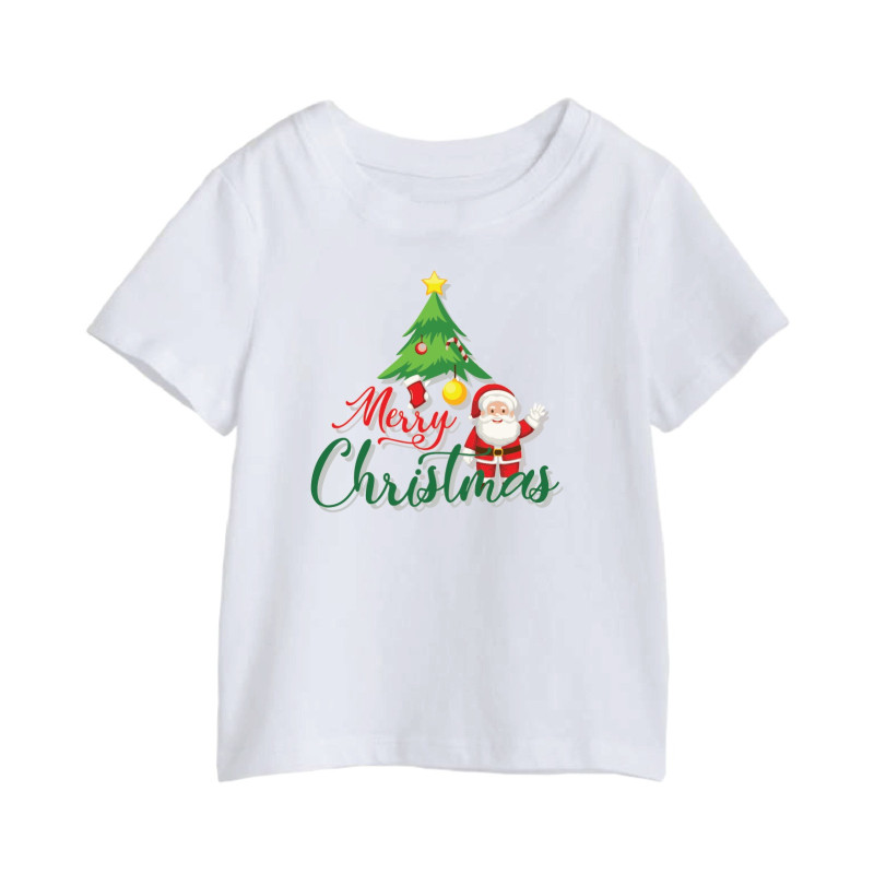 Al Amal Merry christmas T-shirt with santa& tree Round Neck Cotton Fabric Friendly to skin,Unisex adult White