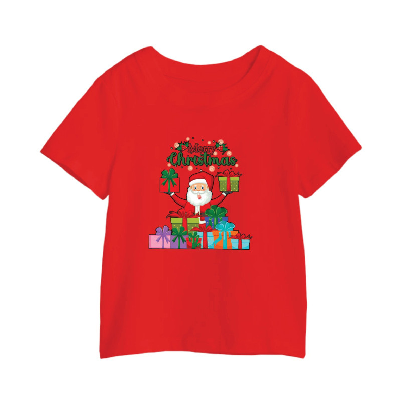 Al Amal christmas T-shirt with santa n gifts in hand Round Neck Cotton Fabric Friendly to skin,Unisex kids Red